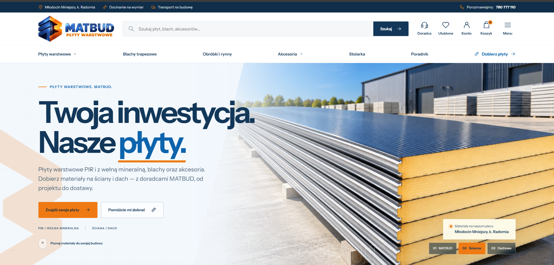 Widok strony internetowej MATBUD z ofertą płyt warstwowych